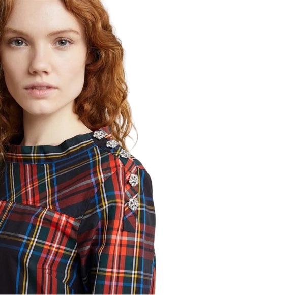 J Crew Jewel Button Tartan Plaid Funnel Top K6797 - Sz 4P - Picture 2 of 12